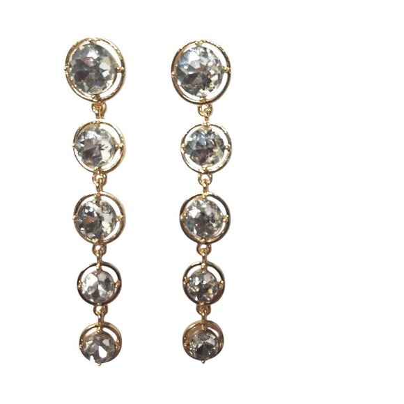 Elegant Gold Tone Rhinestone Crystal Dangle Drop Earrings Costume Jewelry - Picture 1 of 5